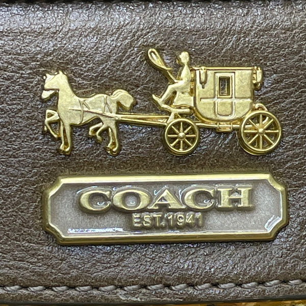 Coach Women’s Grey/Brown Satin Carriage Logo Gold-Tone Hardware Wristlet Clutch