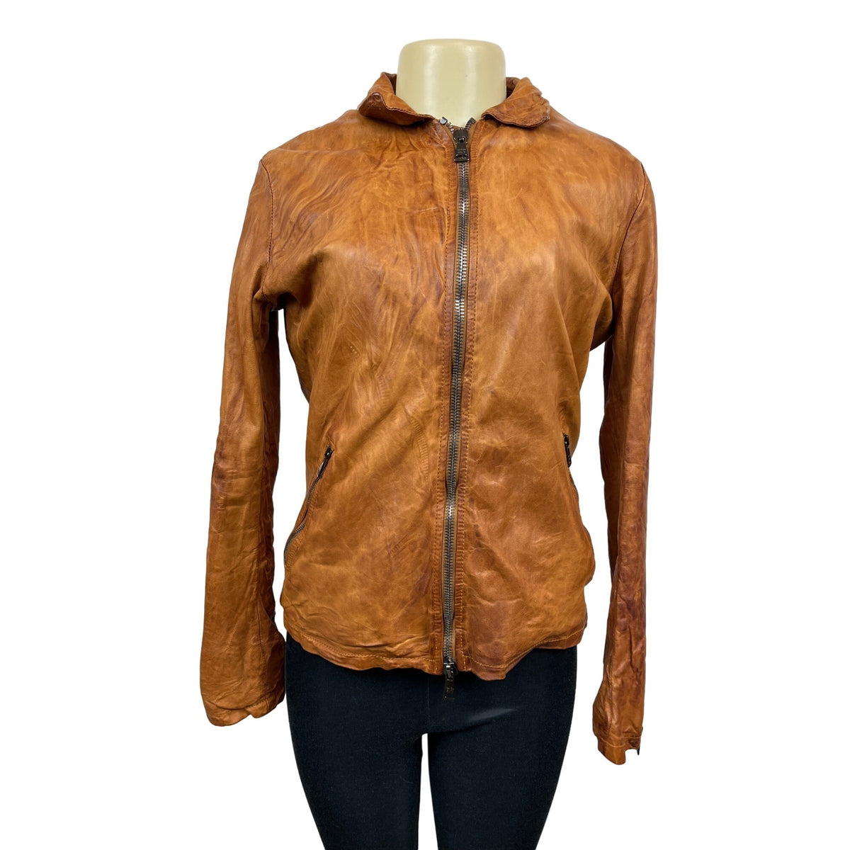 Giorgio Brato Brown Leather Jacket With Zipper Closure & Pockets New