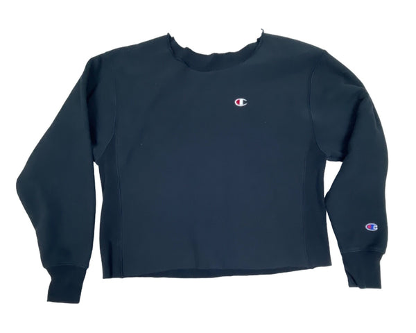 Champion Navy Blue Crewneck Long Sleeve Crop top Hem Womens Sweatshirt