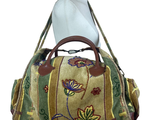 Floral Embroidered Duffle Bag Vintage Green Pastel Boho Large Travel Handbag