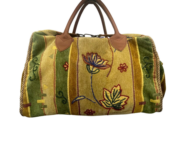 Floral Embroidered Duffle Bag Vintage Green Pastel Boho Large Travel Handbag