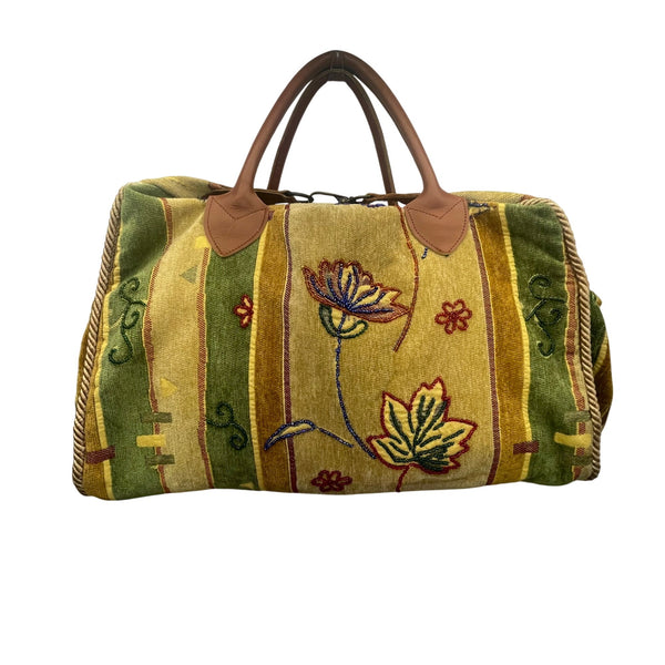 Floral Embroidered Duffle Bag Vintage Green Pastel Boho Large Travel Handbag