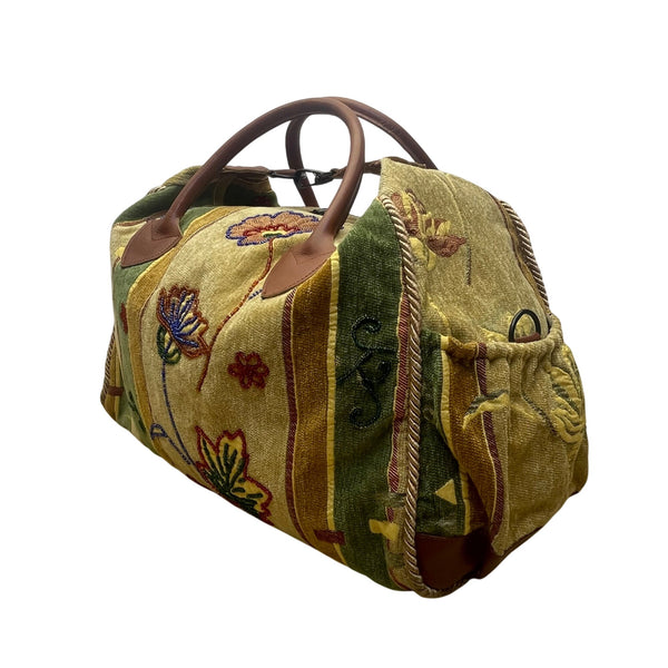 Floral Embroidered Duffle Bag Vintage Green Pastel Boho Large Travel Handbag