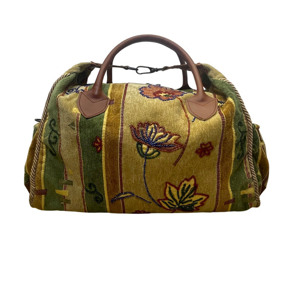 Floral Embroidered Duffle Bag Vintage Green Pastel Boho Large Travel Handbag