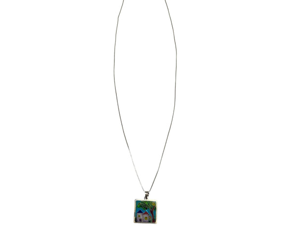Handmade Womens Silver Enamel Artistic Pendant Necklace With House & Tree Design