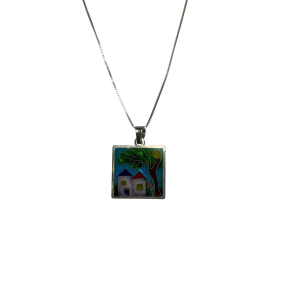 Handmade Womens Silver Enamel Artistic Pendant Necklace With House & Tree Design