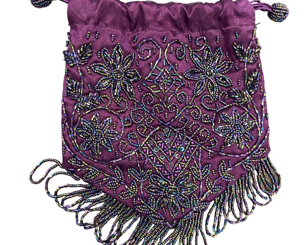 Women's Purple Beaded Embellished Drawstrings Evening Clutch Size S