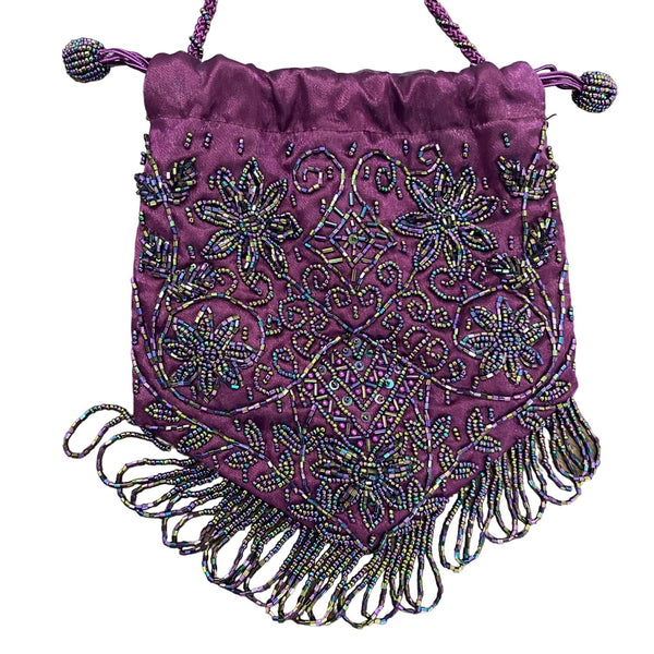Women's Purple Beaded Embellished Drawstrings Evening Clutch Size S