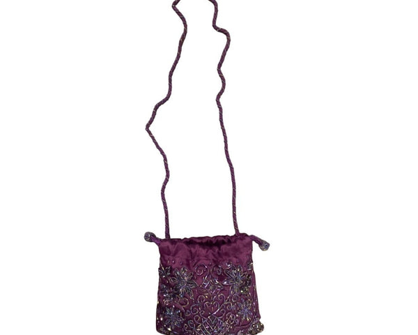 Women's Purple Beaded Embellished Drawstrings Evening Clutch Size S