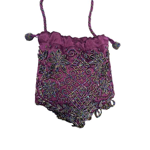 Women's Purple Beaded Embellished Drawstrings Evening Clutch Size S