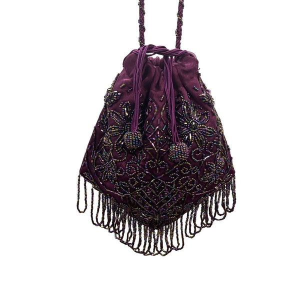 Women's Purple Beaded Embellished Drawstrings Evening Clutch Size S