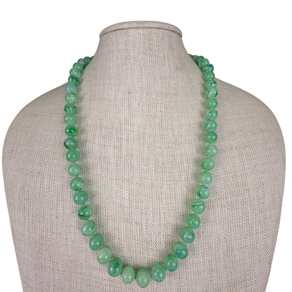 Vintage Green Marbled Glass Bead Necklace With Ornate Brass Clasp
