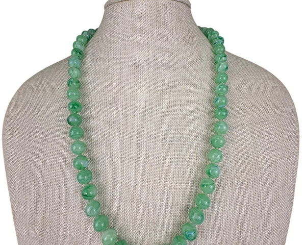 Vintage Green Marbled Glass Bead Necklace With Ornate Brass Clasp