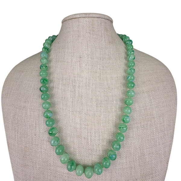 Vintage Green Marbled Glass Bead Necklace With Ornate Brass Clasp
