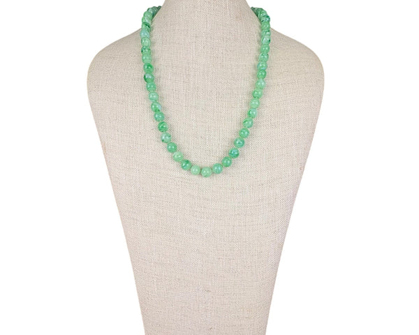Vintage Green Marbled Glass Bead Necklace With Ornate Brass Clasp
