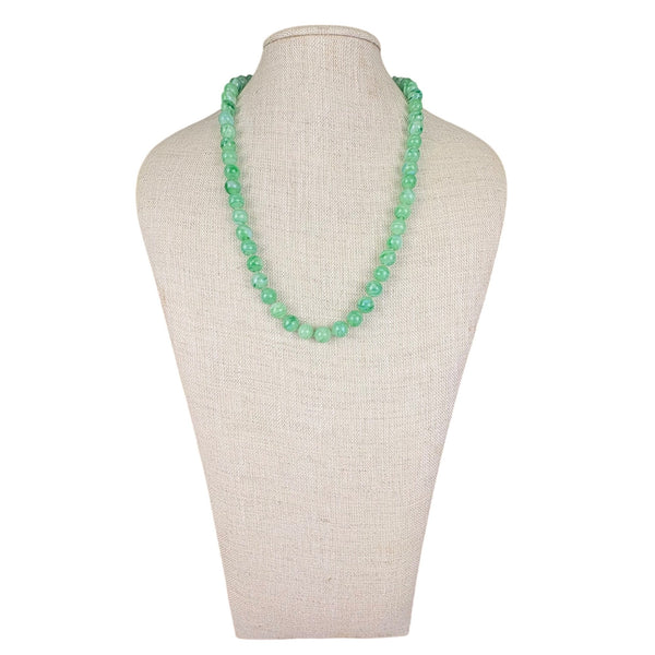 Vintage Green Marbled Glass Bead Necklace With Ornate Brass Clasp