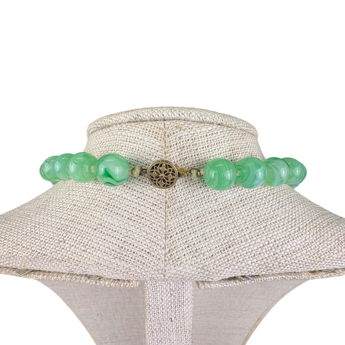 Vintage Green Marbled Glass Bead Necklace With Ornate Brass Clasp