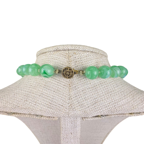Vintage Green Marbled Glass Bead Necklace With Ornate Brass Clasp
