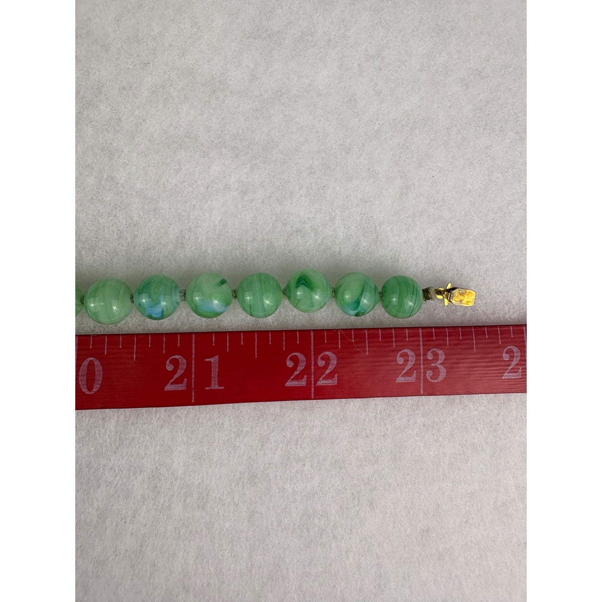 Vintage Green Marbled Glass Bead Necklace With Ornate Brass Clasp