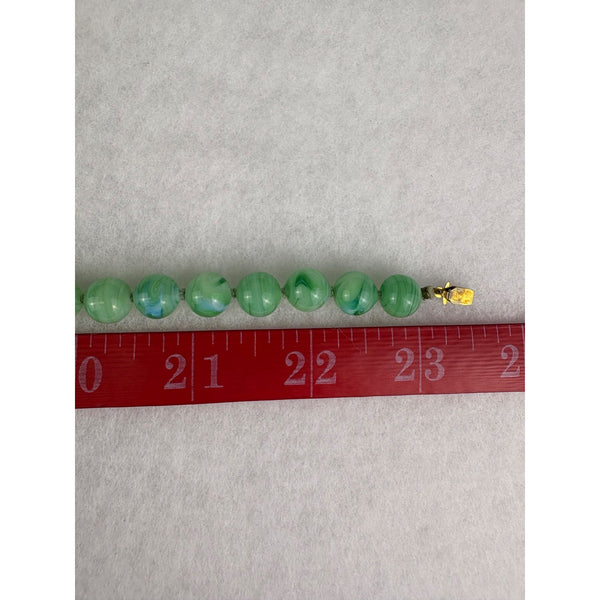 Vintage Green Marbled Glass Bead Necklace With Ornate Brass Clasp