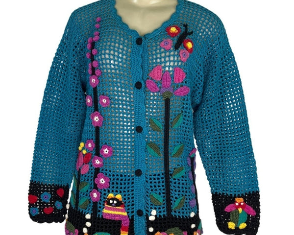Lee Andersen Womens Hand-Crocheted Button-Front Cardigan With Floral Design