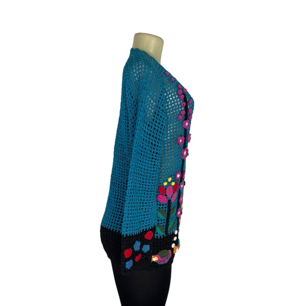 Lee Andersen Womens Hand-Crocheted Button-Front Cardigan With Floral Design