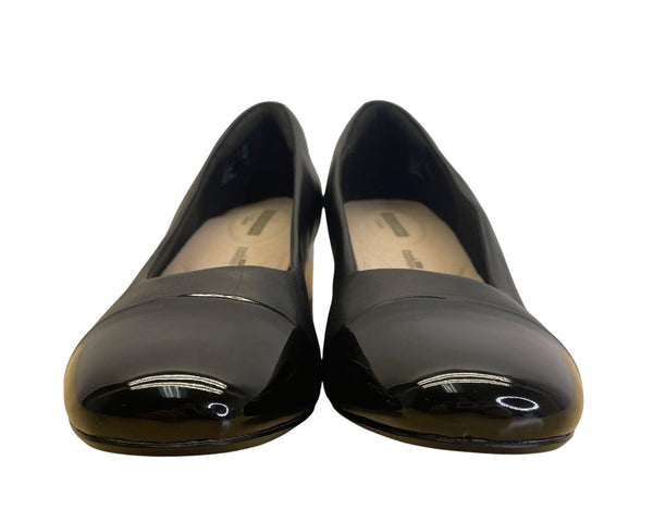 Clarks Women’s Black Combi Leather & Patent Chartli Diva Block Heel Pumps Sz 9M