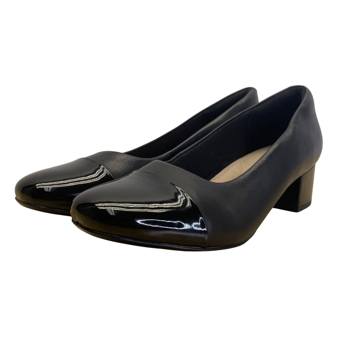 Clarks Women’s Black Combi Leather & Patent Chartli Diva Block Heel Pumps Sz 9M