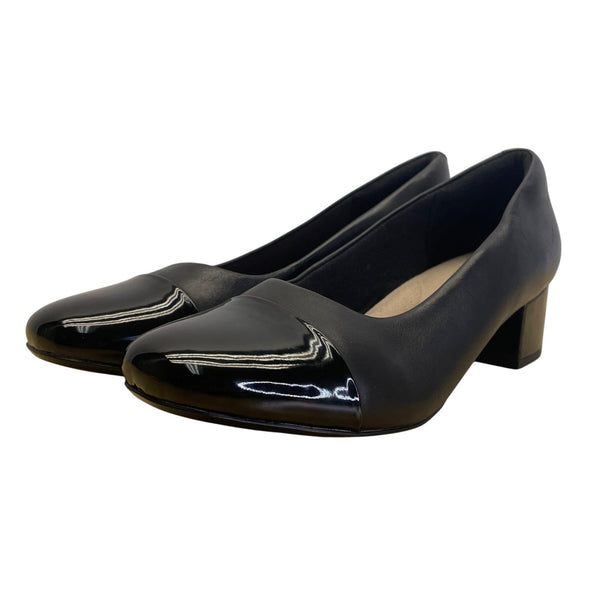 Clarks Women’s Black Combi Leather & Patent Chartli Diva Block Heel Pumps Sz 9M