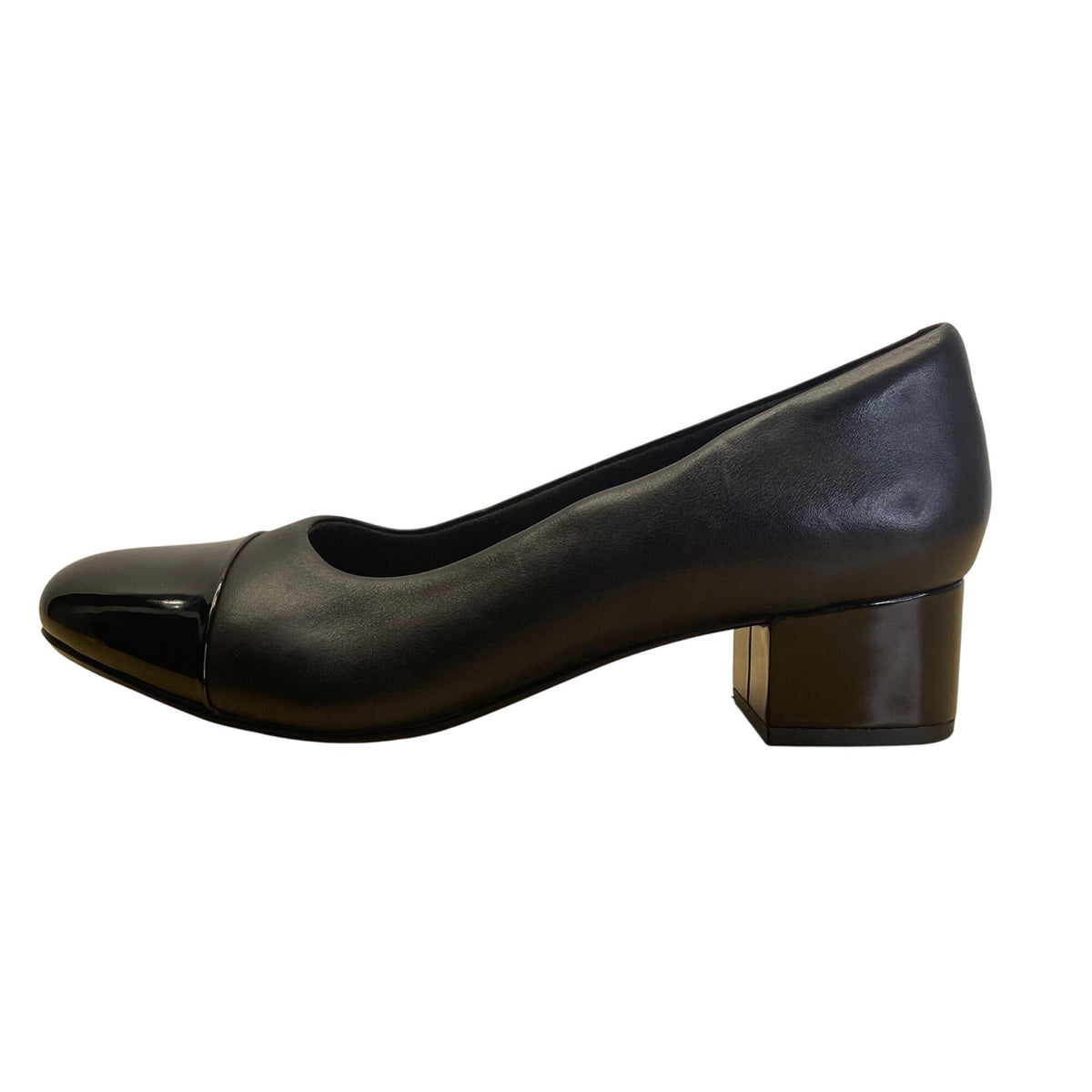 Clarks Women’s Black Combi Leather & Patent Chartli Diva Block Heel Pumps Sz 9M