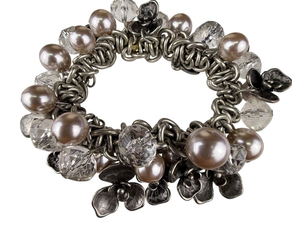 Chunky Silver Tone Bracelet W/ Pearl Beads & Floral Accents 6.5 7.5 Stretch