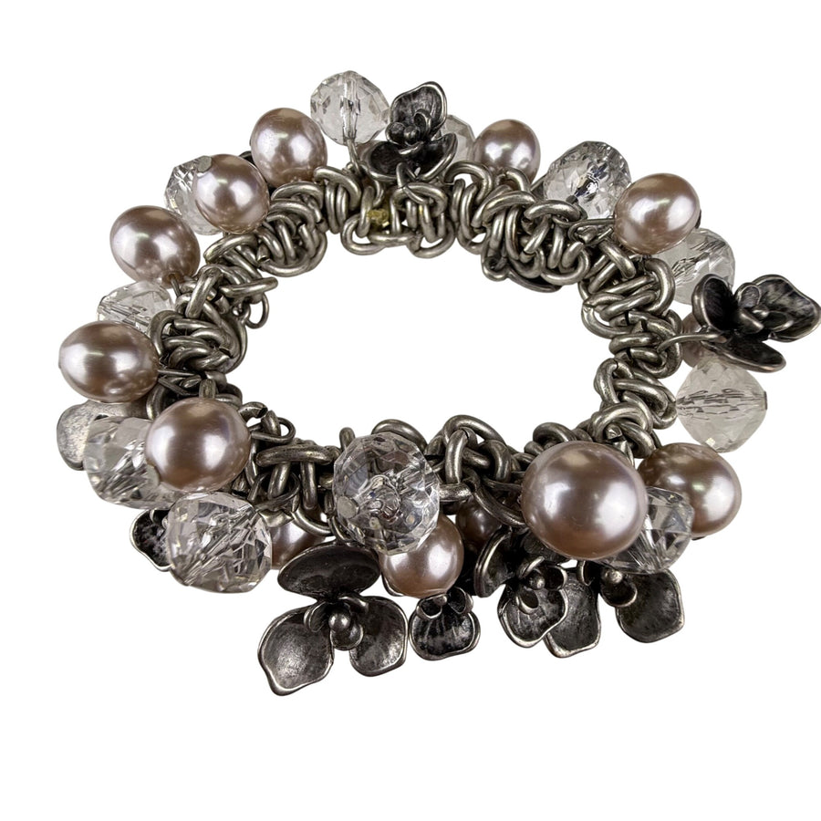 Chunky Silver Tone Bracelet W/ Pearl Beads & Floral Accents 6.5 7.5 Stretch