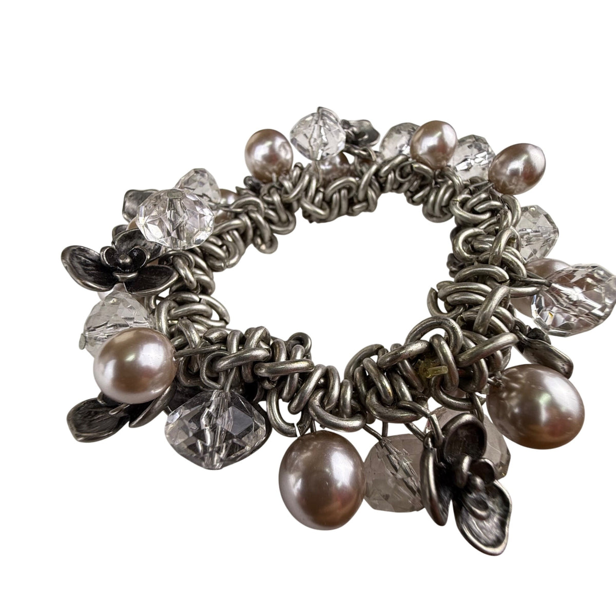 Chunky Silver Tone Bracelet W/ Pearl Beads & Floral Accents 6.5 7.5 Stretch