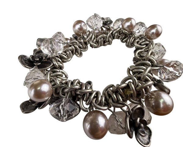 Chunky Silver Tone Bracelet W/ Pearl Beads & Floral Accents 6.5 7.5 Stretch