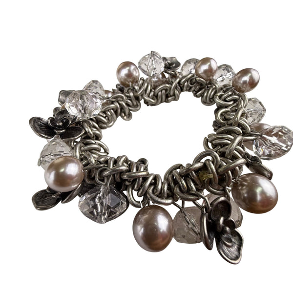 Chunky Silver Tone Bracelet W/ Pearl Beads & Floral Accents 6.5 7.5 Stretch