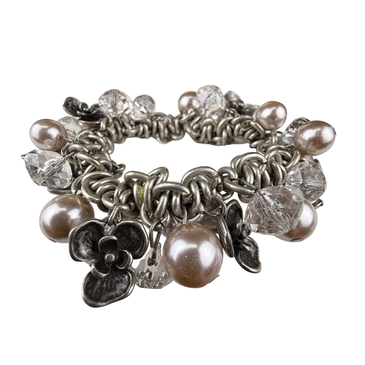 Chunky Silver Tone Bracelet W/ Pearl Beads & Floral Accents 6.5 7.5 Stretch