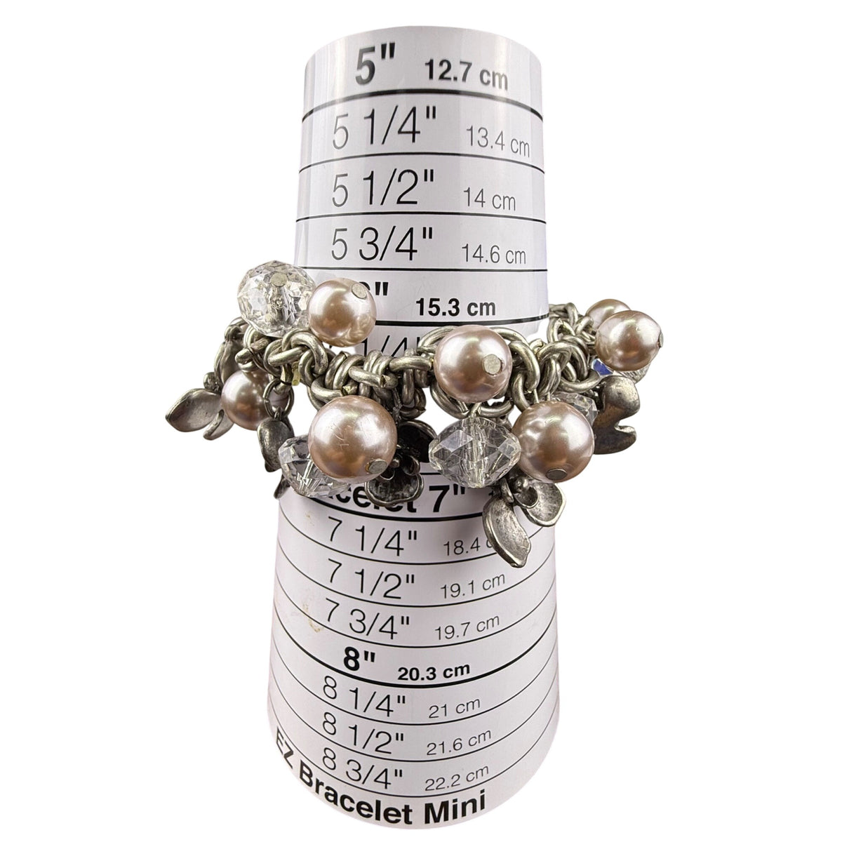 Chunky Silver Tone Bracelet W/ Pearl Beads & Floral Accents 6.5 7.5 Stretch