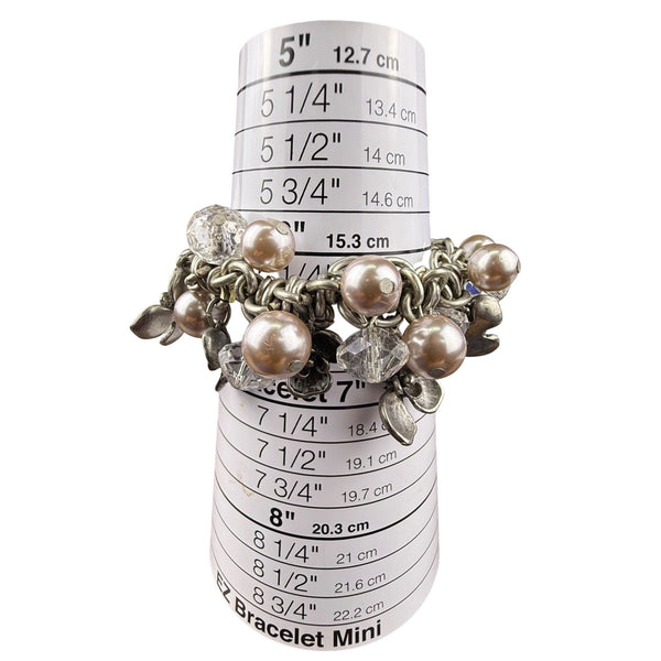 Chunky Silver Tone Bracelet W/ Pearl Beads & Floral Accents 6.5 7.5 Stretch