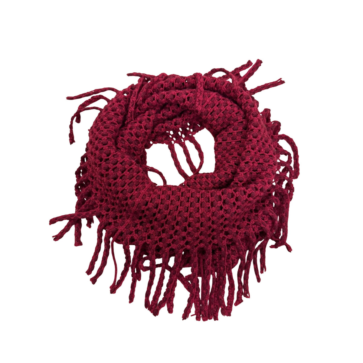 Red Open-Knit Infinity Scarf With Fringe Acrylic Material Lightweight For Women OS
