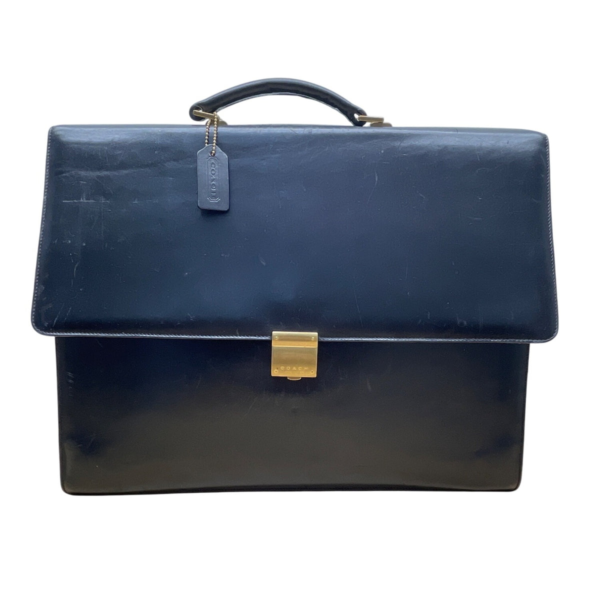 Vintage Coach Black Leather Briefcase With Brass Hardware & Top Handle Sz L