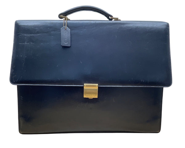 Vintage Coach Black Leather Briefcase With Brass Hardware & Top Handle Sz L