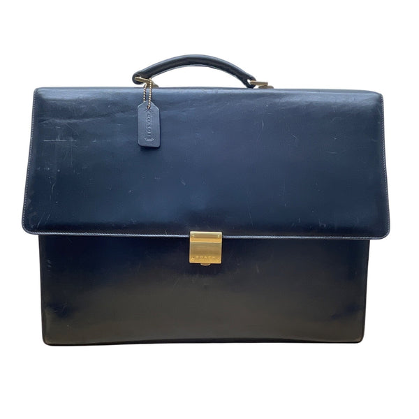Vintage Coach Black Leather Briefcase With Brass Hardware & Top Handle Sz L