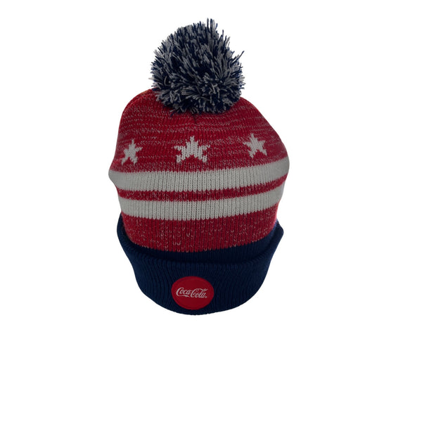Coca-Cola Blue Red Knit Beanie Hat W Logo Stars Stripes Pom One Size Unisex Winter