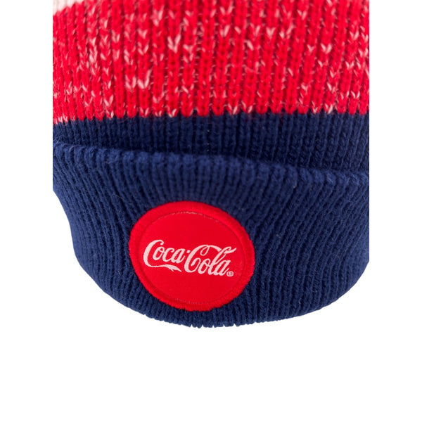 Coca-Cola Blue Red Knit Beanie Hat W Logo Stars Stripes Pom One Size Unisex Winter