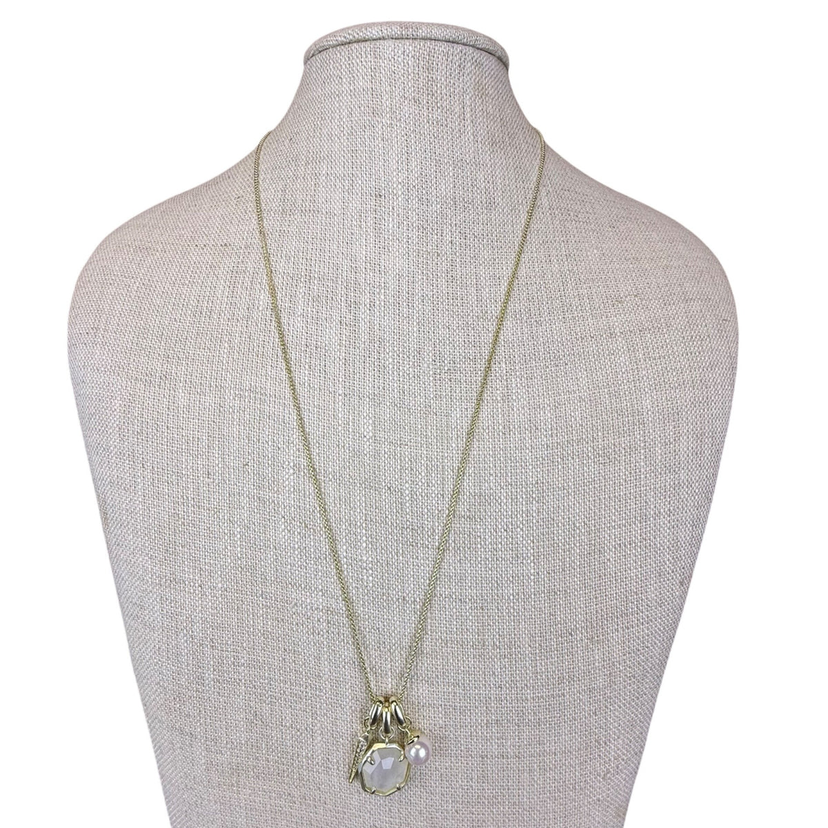 Kendra Scott Womens Gold Tone Adjustable Charm Necklace Moonstone & Pearl Details