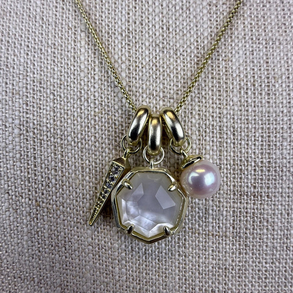 Kendra Scott Womens Gold Tone Adjustable Charm Necklace Moonstone & Pearl Details
