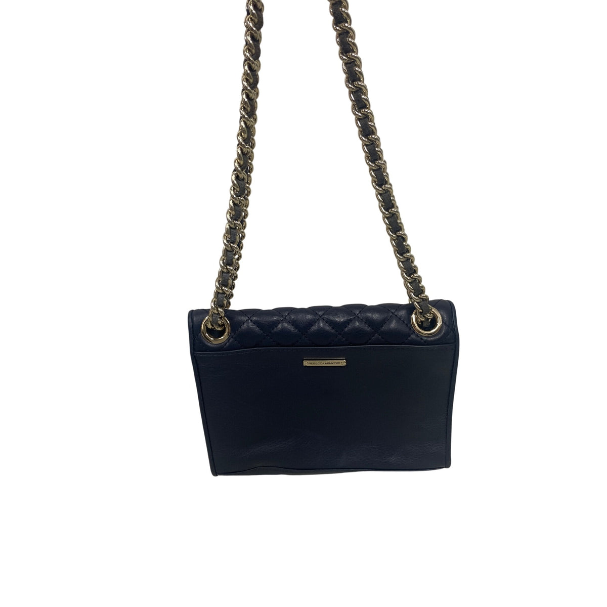 Rebecca Minkoff Navy Quilted Leather Crossbody Bag With Gold Chain Strap Elegant Design
