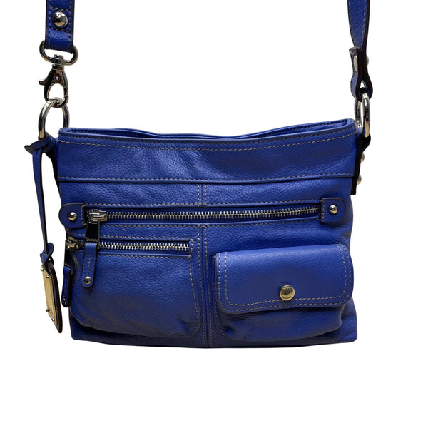 Tignanello Women’s Blue Leather Zip Front Pocket Adjustable Strap Shoulder Bag