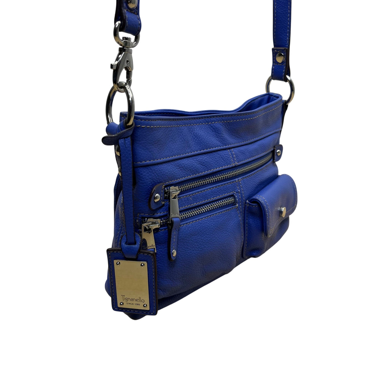 Tignanello Women’s Blue Leather Zip Front Pocket Adjustable Strap Shoulder Bag