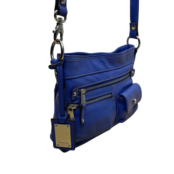 Tignanello Women’s Blue Leather Zip Front Pocket Adjustable Strap Shoulder Bag